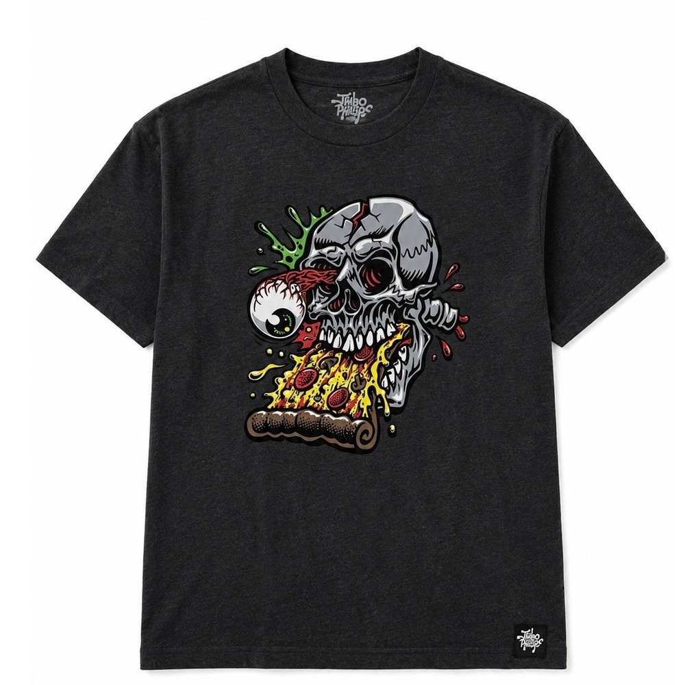 Jimbo Phillips Pizza Skull Graphic T-Shirt Charcoal Grey Mens XL Skate Art‎
